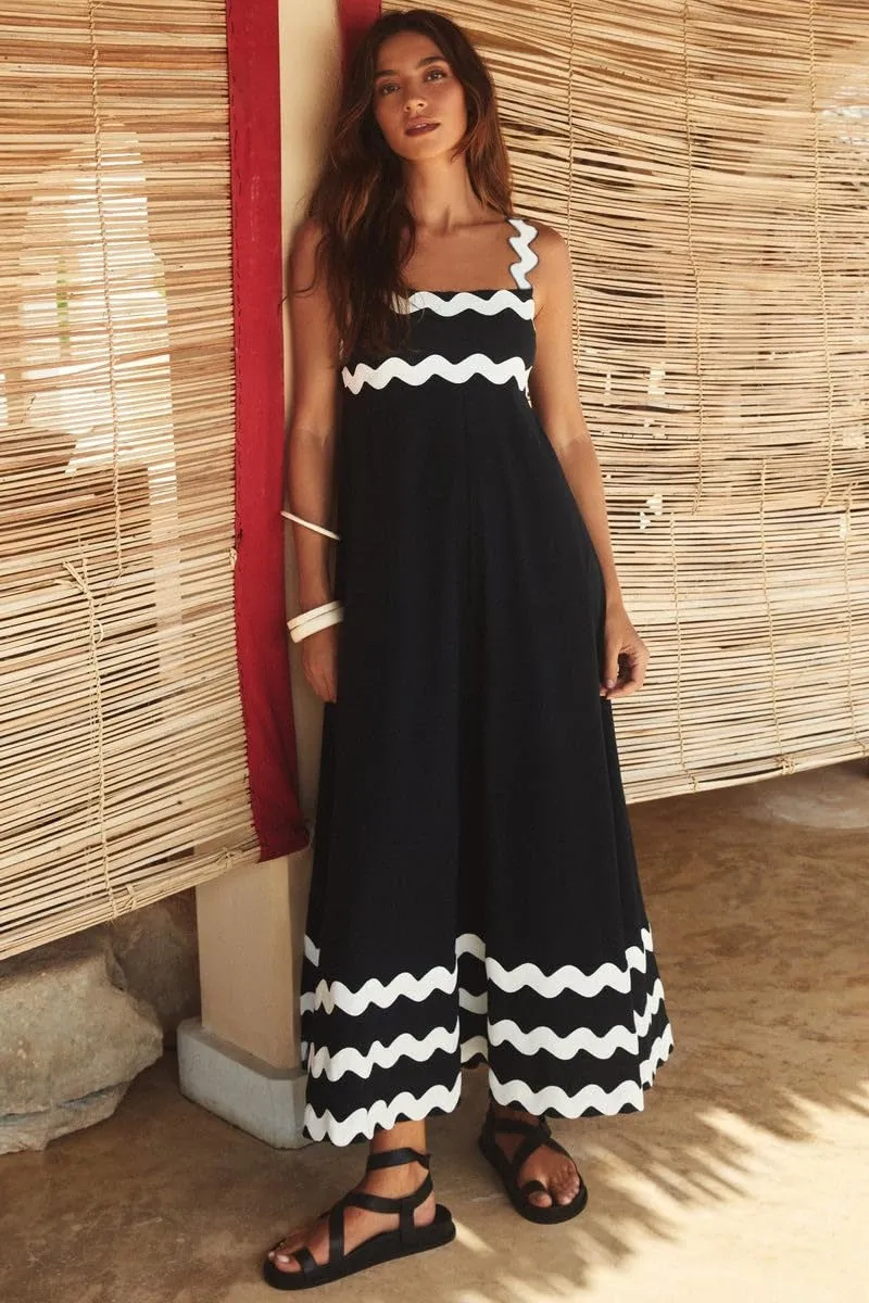 Chouyatou Women's Rickrack Trim Spaghetti Strap Square Neck Tank Maxi Dress Sleeveless Long Beach A-Line Sundress