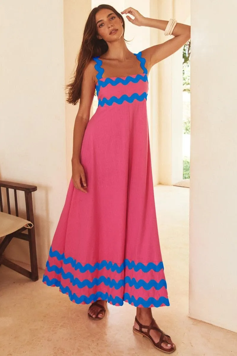 Chouyatou Women's Rickrack Trim Spaghetti Strap Square Neck Tank Maxi Dress Sleeveless Long Beach A-Line Sundress