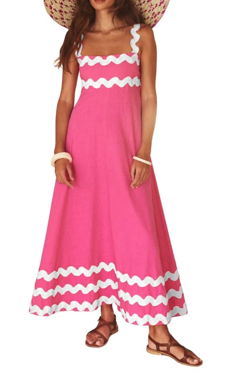Chouyatou Women's Rickrack Trim Spaghetti Strap Square Neck Tank Maxi Dress Sleeveless Long Beach A-Line Sundress