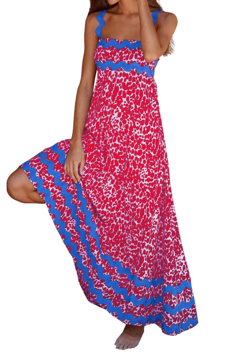 Chouyatou Women's Rickrack Trim Spaghetti Strap Square Neck Tank Maxi Dress Sleeveless Long Beach A-Line Sundress