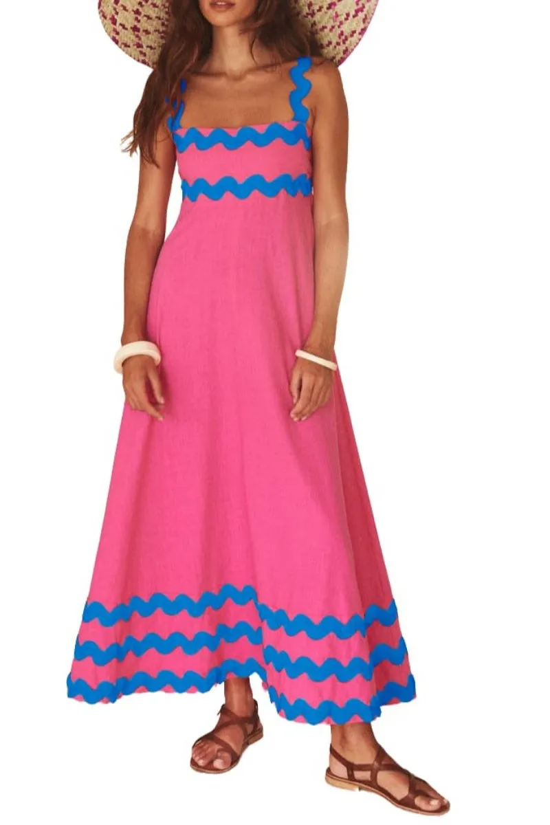 Chouyatou Women's Rickrack Trim Spaghetti Strap Square Neck Tank Maxi Dress Sleeveless Long Beach A-Line Sundress