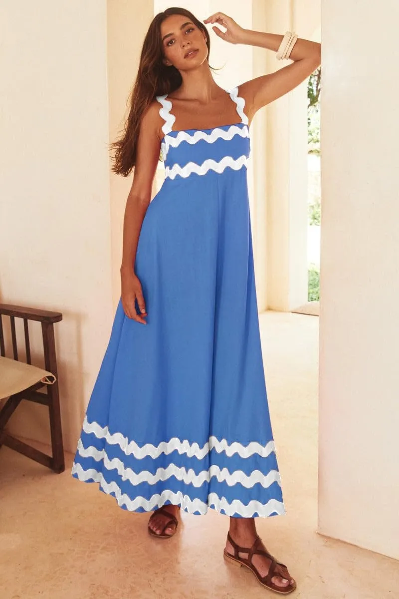 Chouyatou Women's Rickrack Trim Spaghetti Strap Square Neck Tank Maxi Dress Sleeveless Long Beach A-Line Sundress