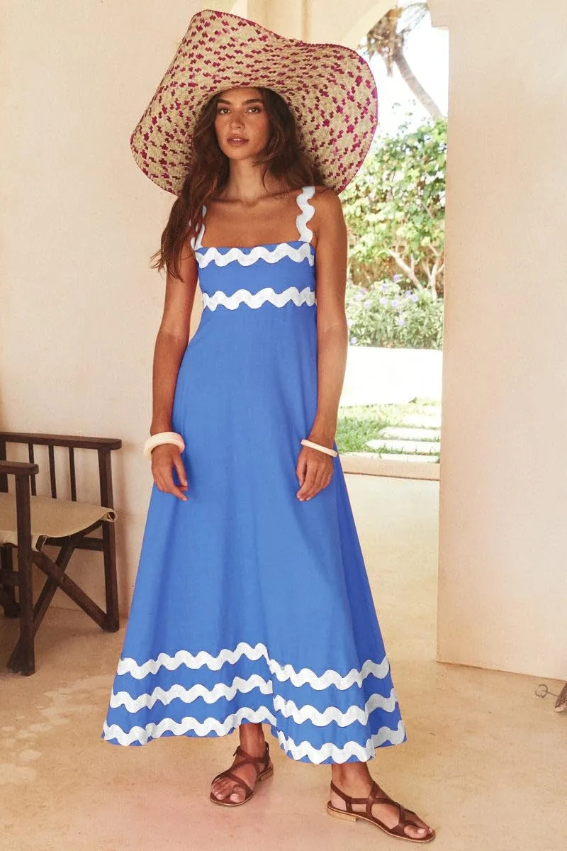 Chouyatou Women's Rickrack Trim Spaghetti Strap Square Neck Tank Maxi Dress Sleeveless Long Beach A-Line Sundress