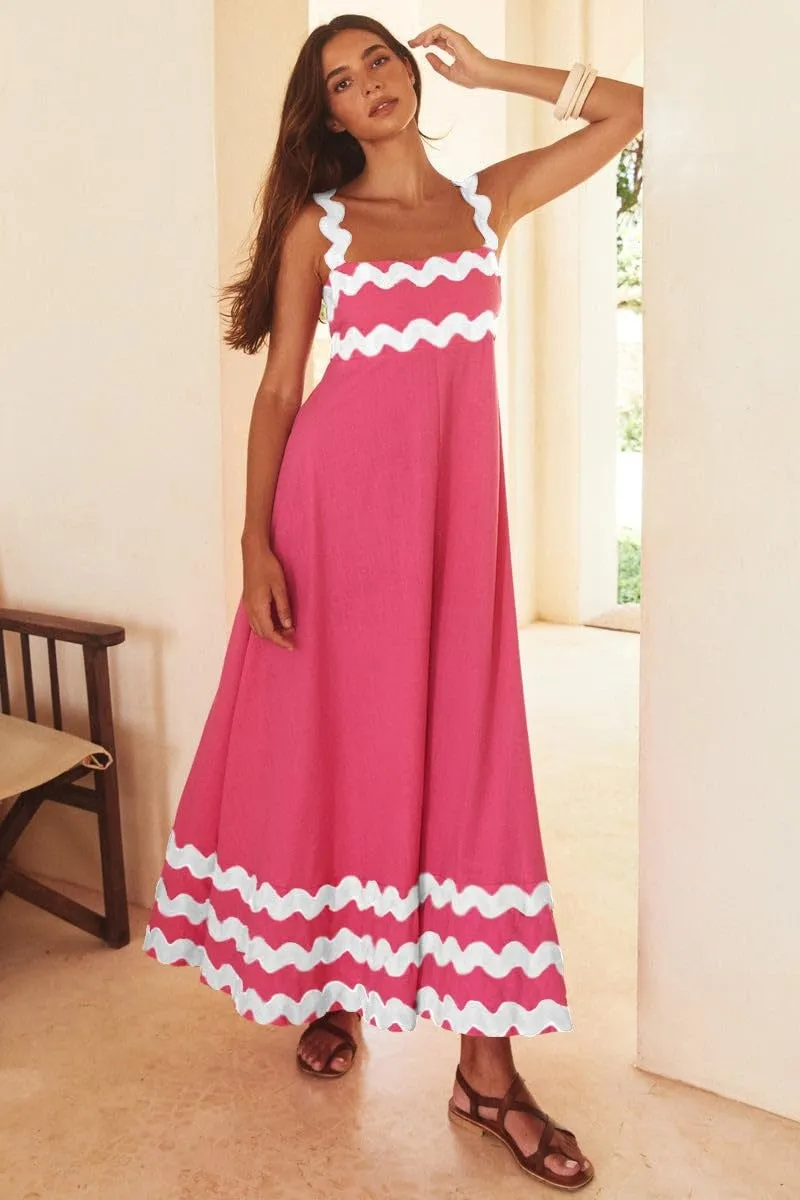 Chouyatou Women's Rickrack Trim Spaghetti Strap Square Neck Tank Maxi Dress Sleeveless Long Beach A-Line Sundress