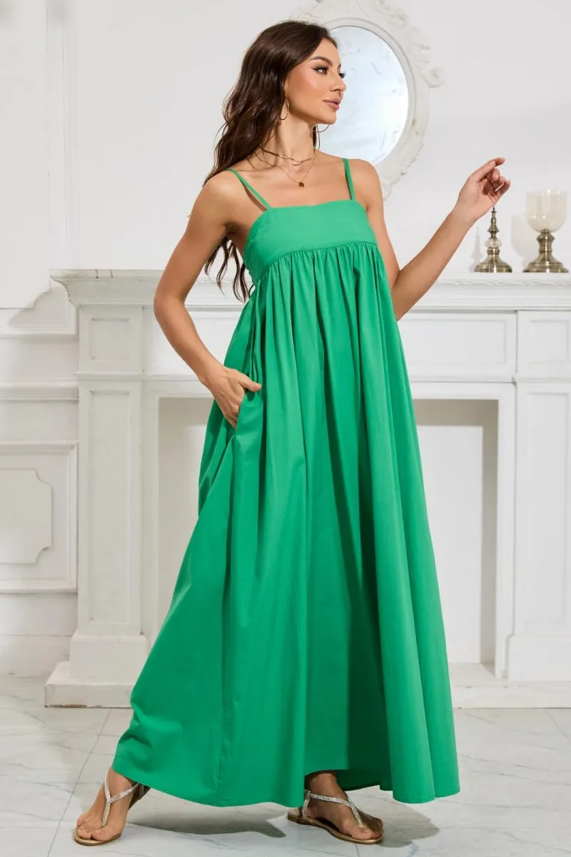 Chouyatou Women's Summer Backless Tied Spaghetti Straps Casual Loose Cutout Maxi Dress with Pockets