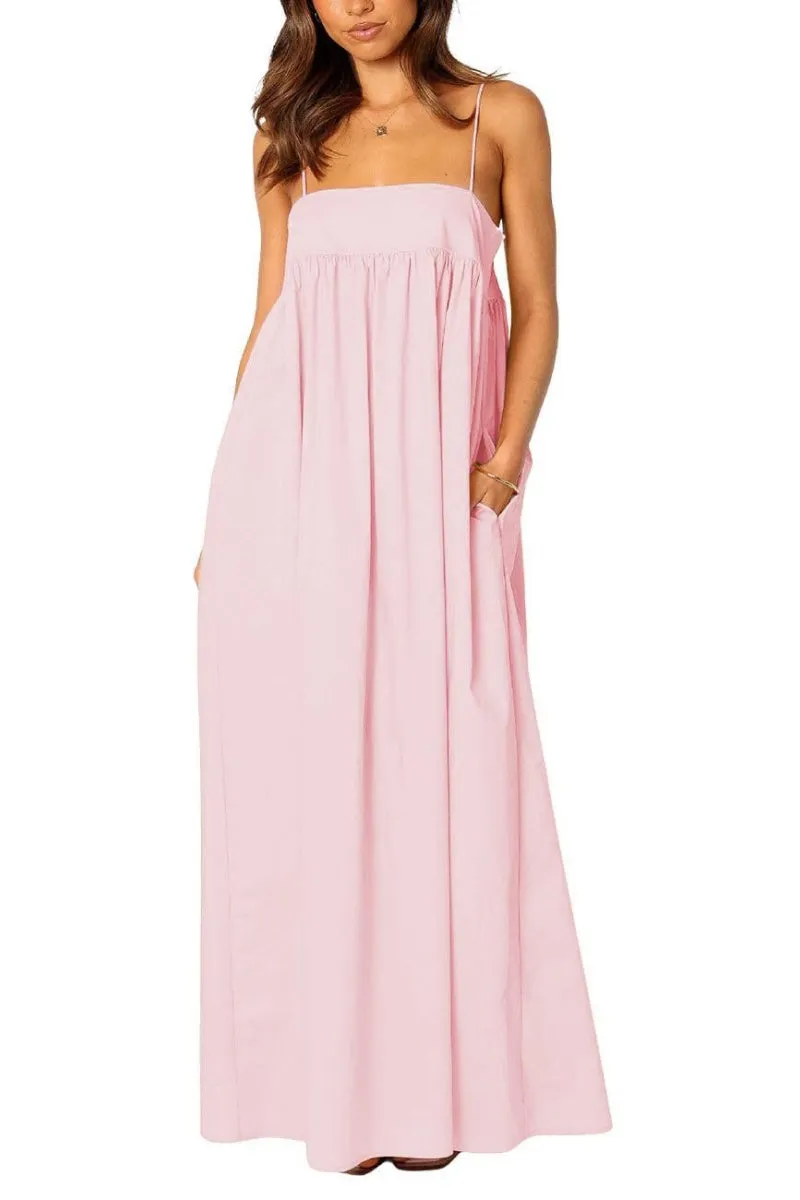 Chouyatou Women's Summer Backless Tied Spaghetti Straps Casual Loose Cutout Maxi Dress with Pockets