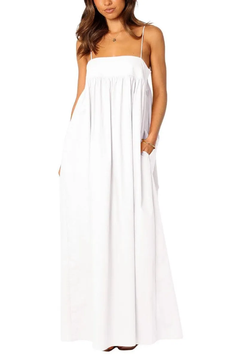 Chouyatou Women's Summer Backless Tied Spaghetti Straps Casual Loose Cutout Maxi Dress with Pockets