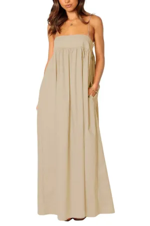 Chouyatou Women's Summer Backless Tied Spaghetti Straps Casual Loose Cutout Maxi Dress with Pockets
