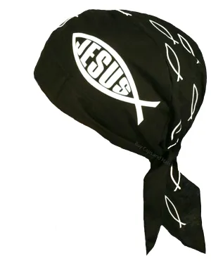 Christian Doo Rag Motorcycle Skull Cap with Sweatband Black and White Dorag Bandana