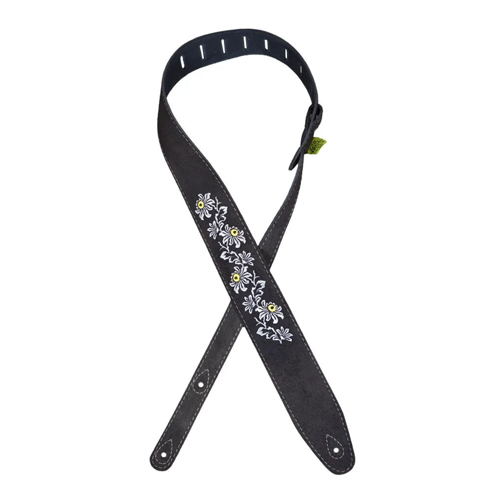 Colonial Leather Strap - Flowers Embroidered Brown Suede Guitar Strap