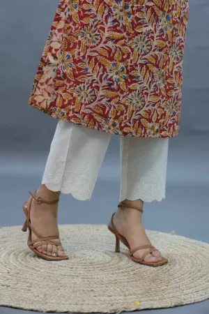 Cream Straight Pant In Cotton Embriodery Work