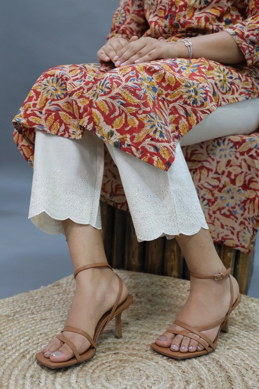 Cream Straight Pant In Cotton Embriodery Work