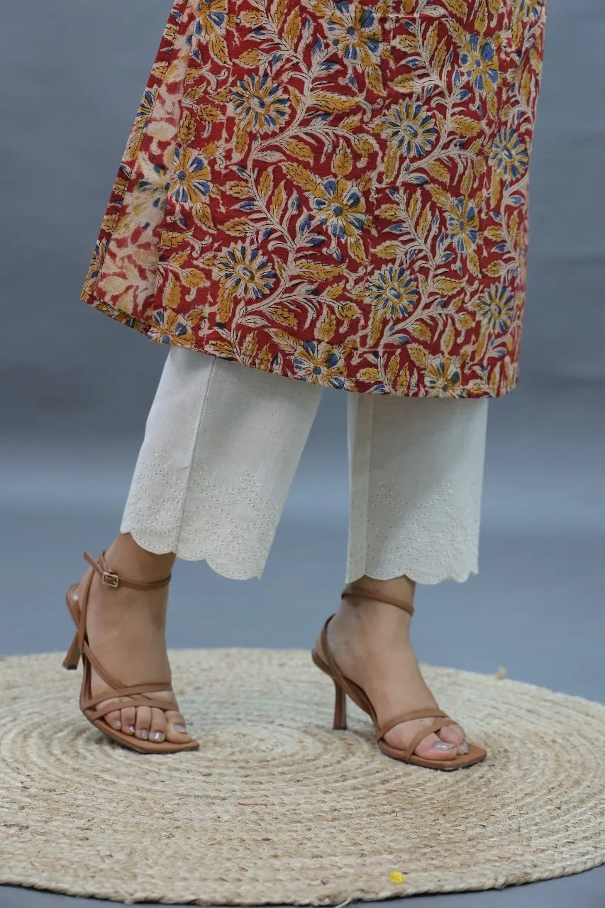 Cream Straight Pant In Cotton Embriodery Work