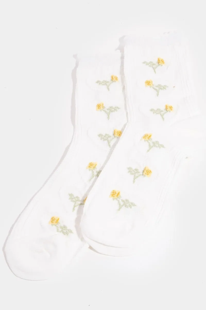 Crew Lettuce Trim Embroidery Socks with Stylish Prints (Various Colors)