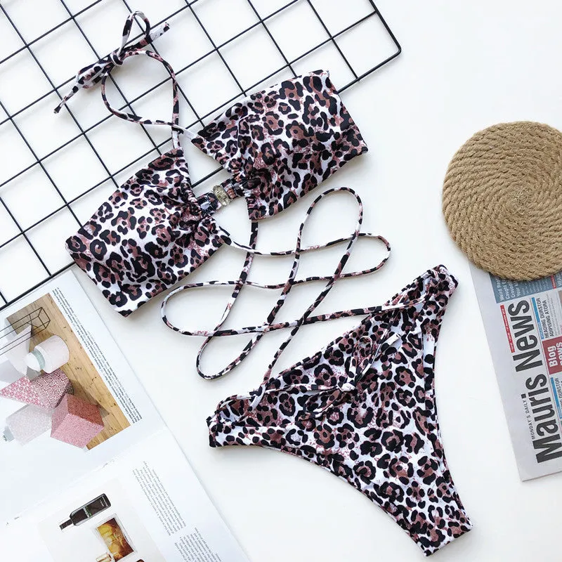 Cross Strappy Swimwear Leopard Print One-piece