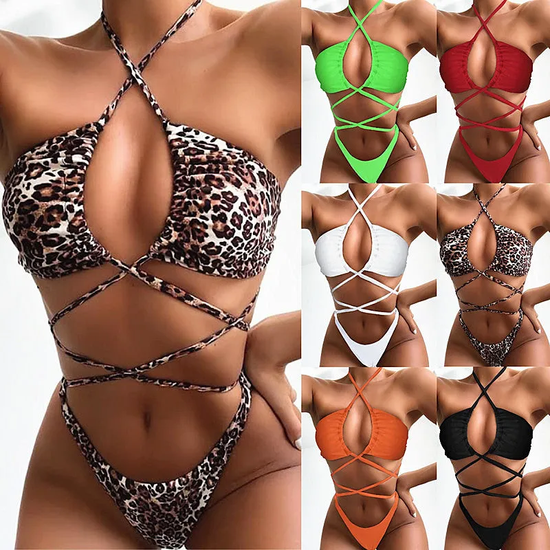 Cross Strappy Swimwear Leopard Print One-piece