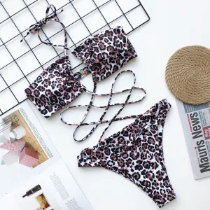 Cross Strappy Swimwear Leopard Print One-piece