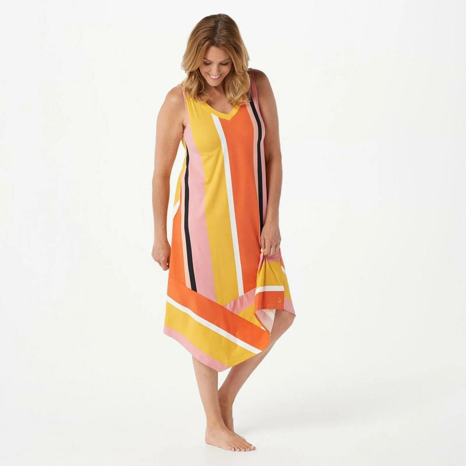 Cuddl Duds Flexwear Asymmetric Color Block Tank Top Dress Sunset Stripe Small