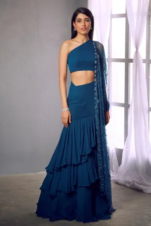 Dark blue crop blouse with layered skirt