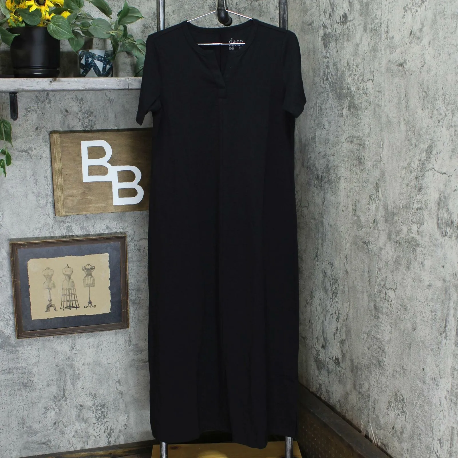 Denim & Co. Essentials Split V Neck Knit Maxi Dress Black Petite Small