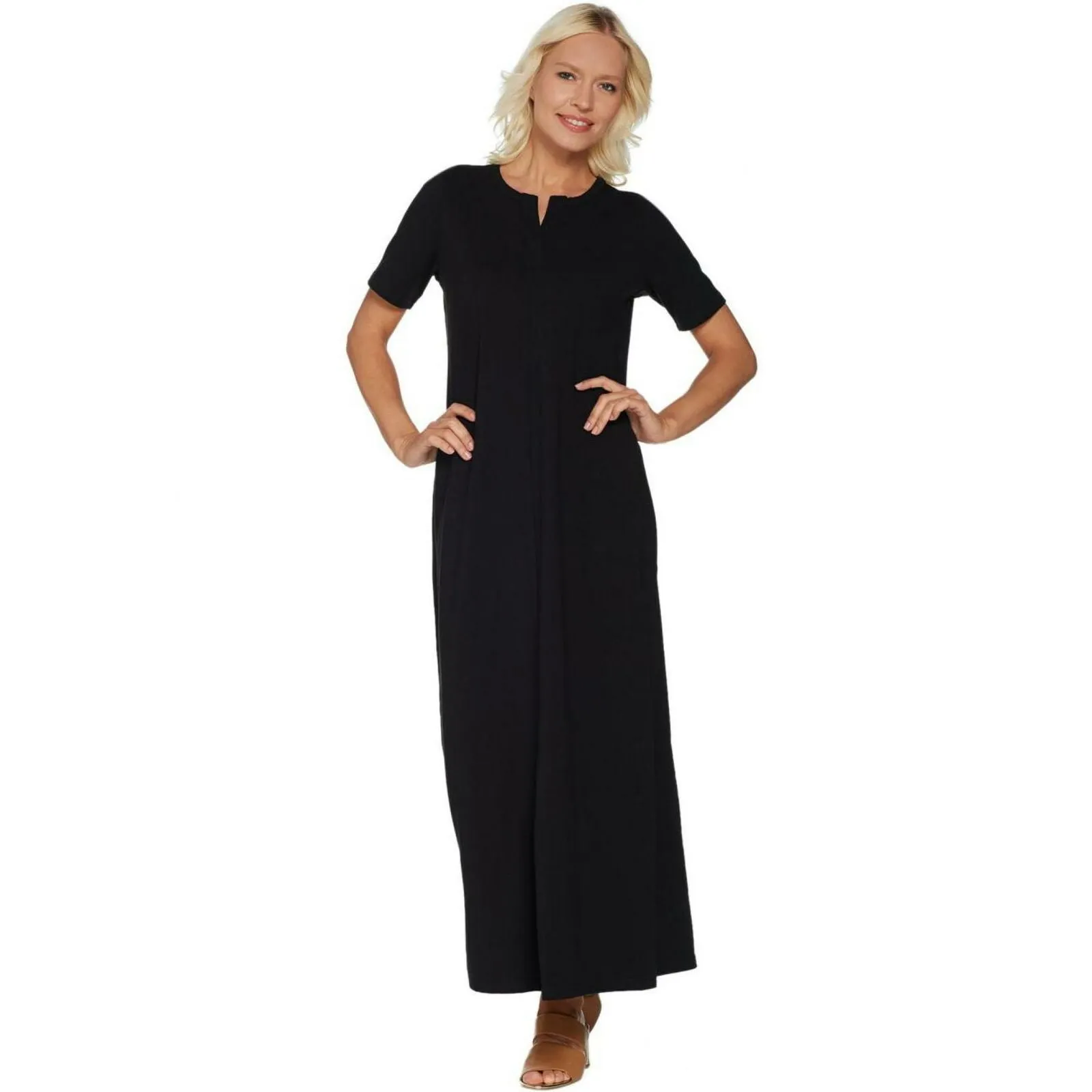 Denim & Co. Essentials Split V Neck Knit Maxi Dress Black Petite Small