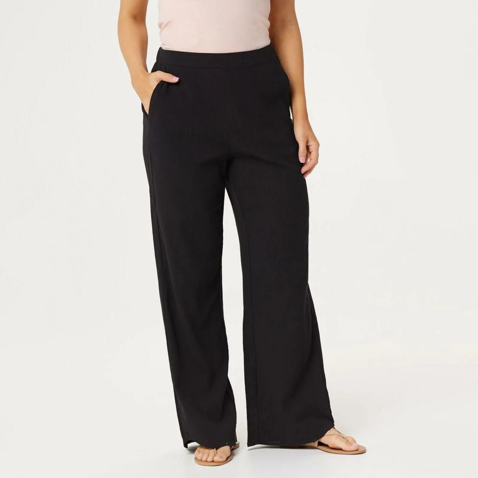 Denim & Co. Women's Crinkle Gauze Wide Leg Beach Pants Black Medium