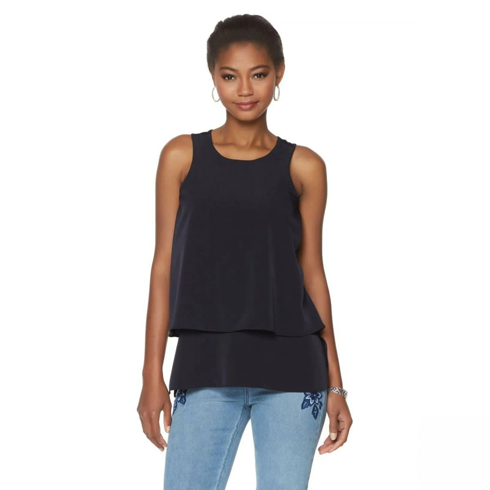 DG2 by Diane Gilman Women's Mixed-Media Easy Tank Top Navy Large