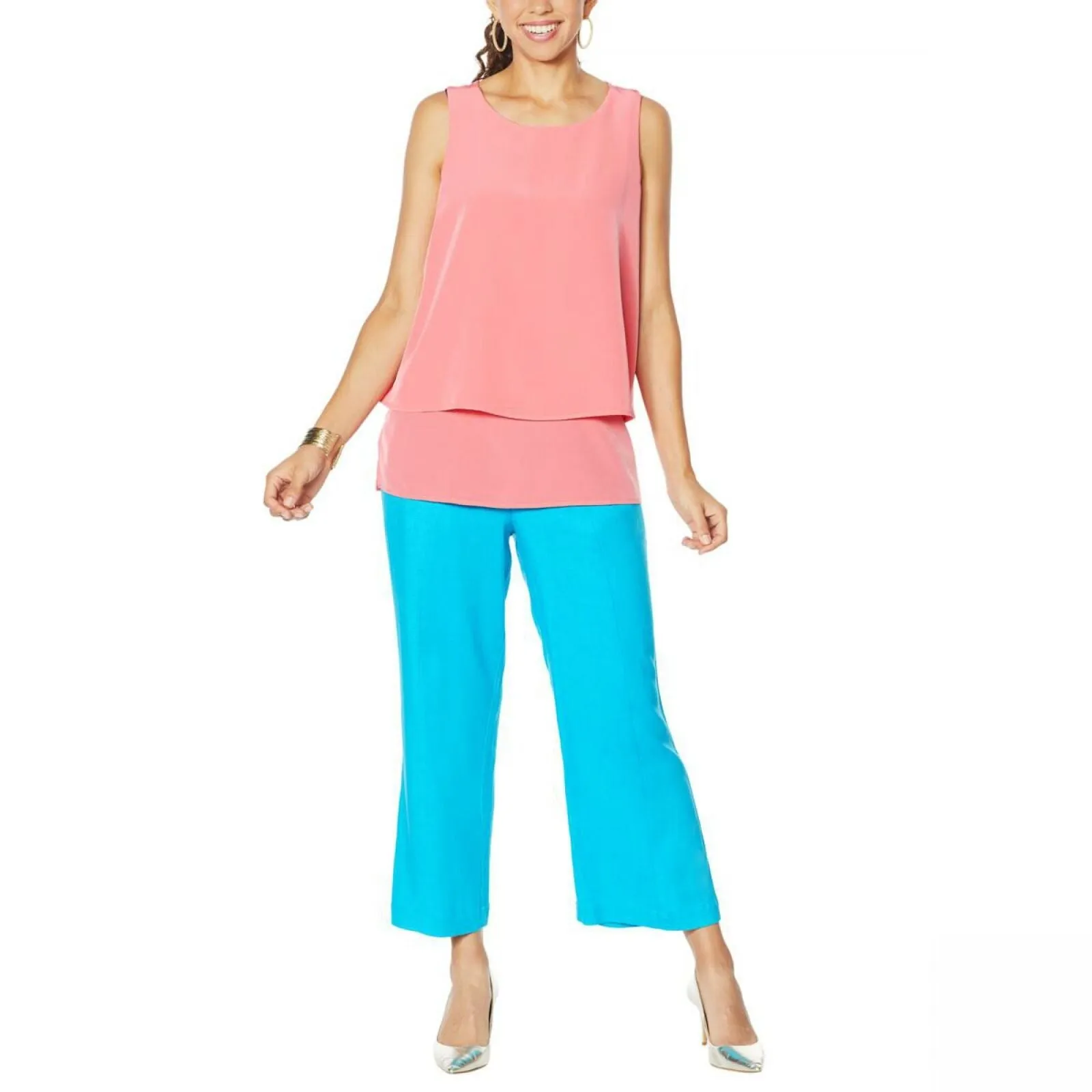 DG2 by Diane Gilman Women's Plus Size Mixed Media Easy Tank Blouse