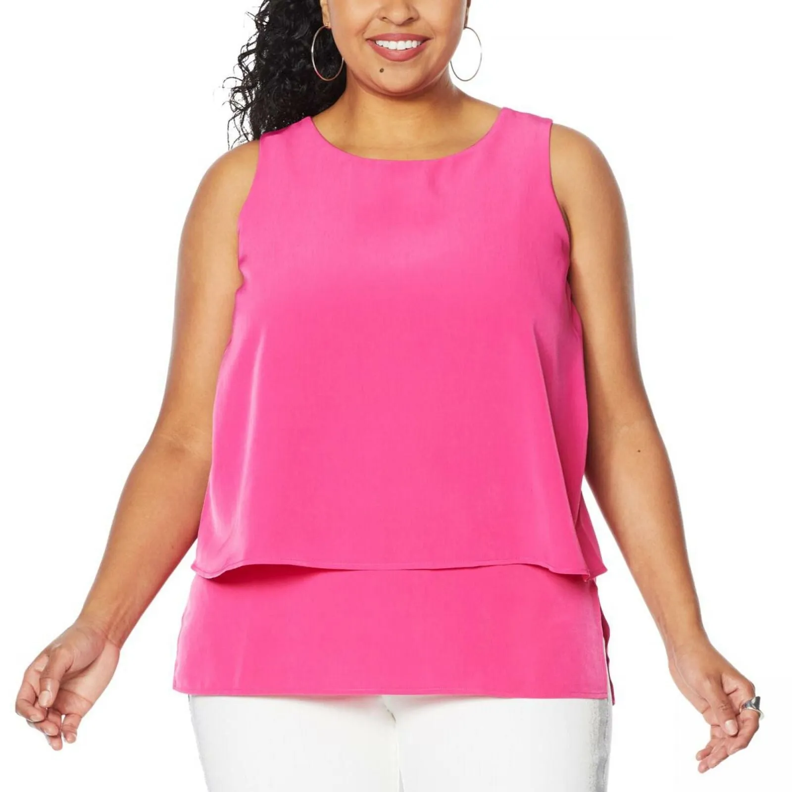 DG2 by Diane Gilman Women's Plus Size Mixed Media Easy Tank Blouse