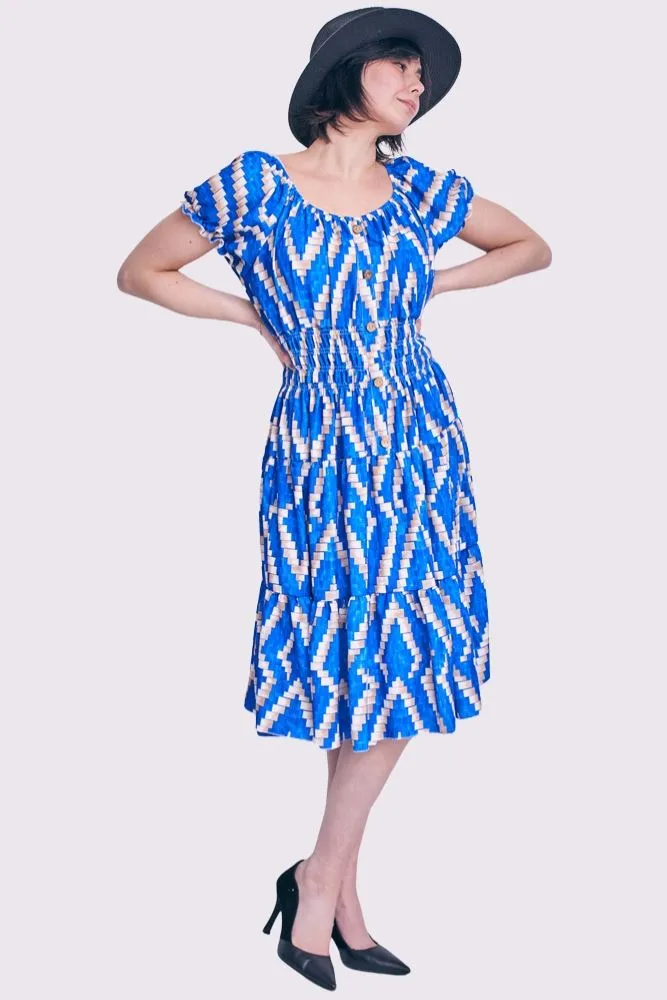 Digital Print Shirred Waist Button Details Dress