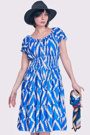 Digital Print Shirred Waist Button Details Dress