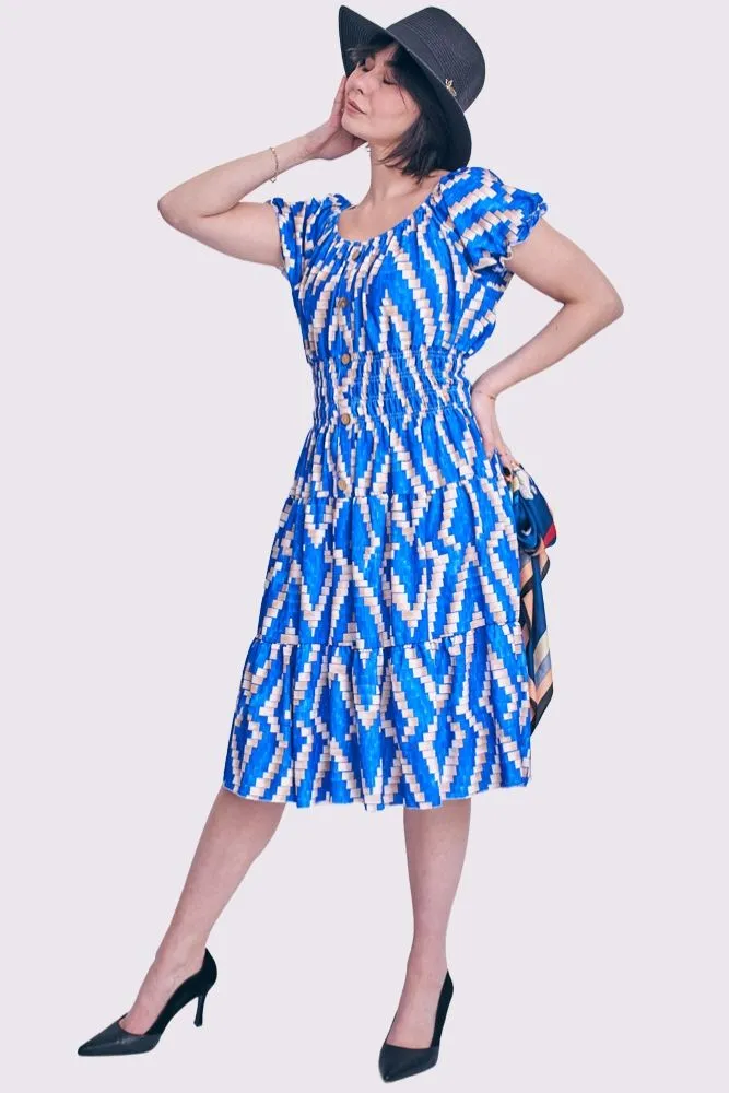 Digital Print Shirred Waist Button Details Dress