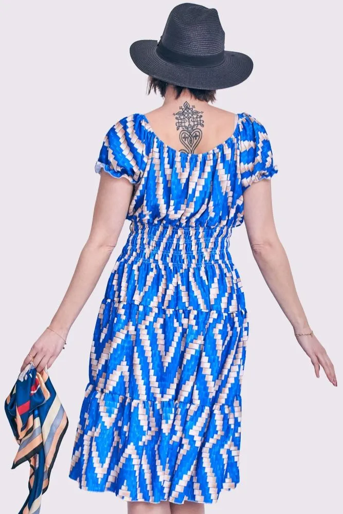 Digital Print Shirred Waist Button Details Dress