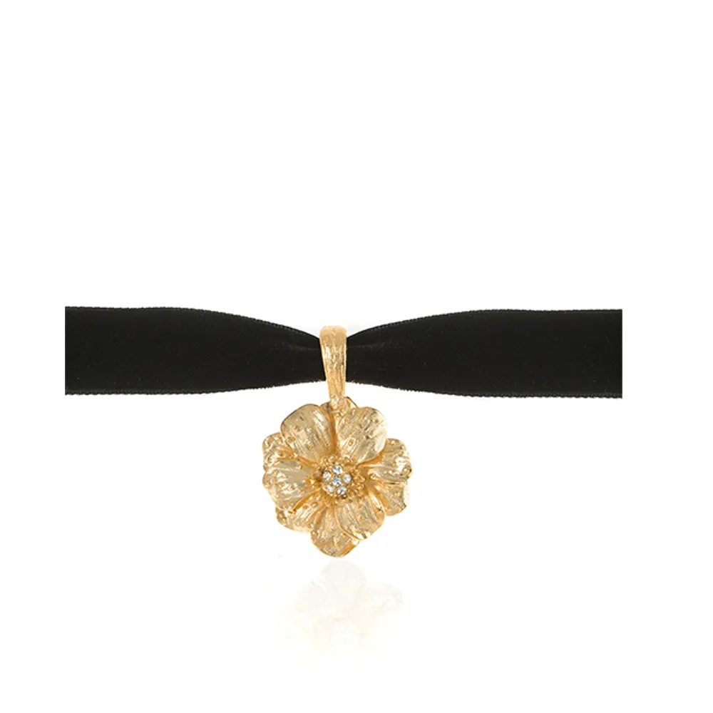 Double Rose Velvet Choker With Goldtone Pendant