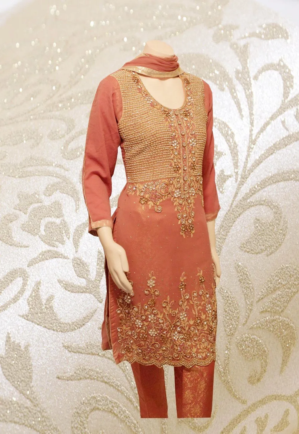 E29 Pakistani Indian Heavy Party Wear Luxury  Chiffon Dress In Tea Pink 3 PC