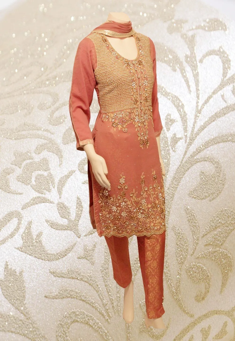 E29 Pakistani Indian Heavy Party Wear Luxury  Chiffon Dress In Tea Pink 3 PC