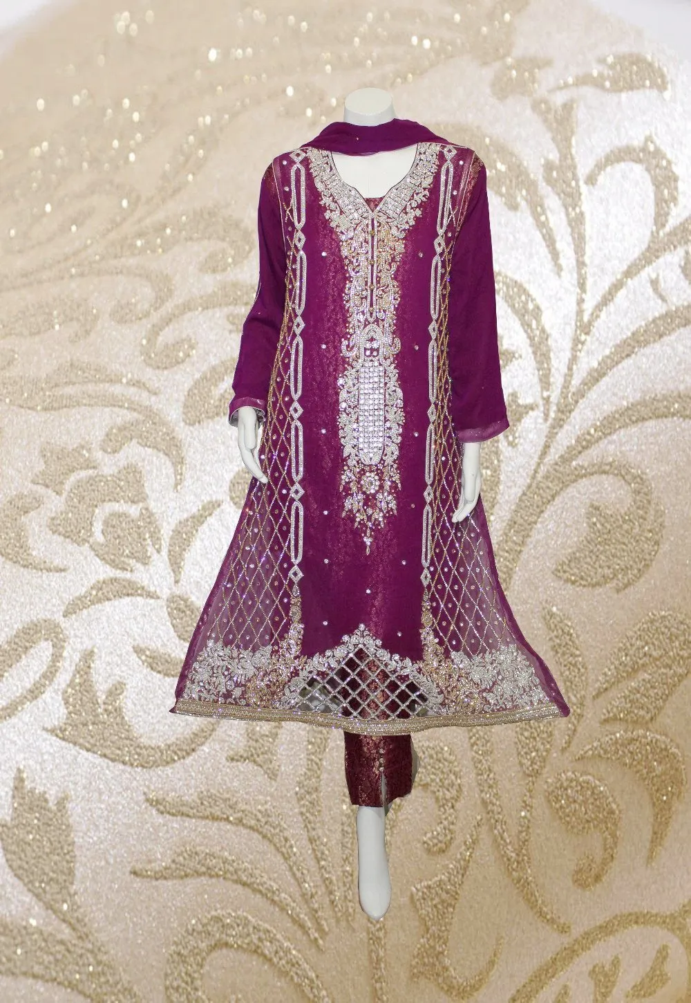 E30  Pakistani Indian Heavy Party Wear Luxury  Chiffon Dress In Purple 4 PC