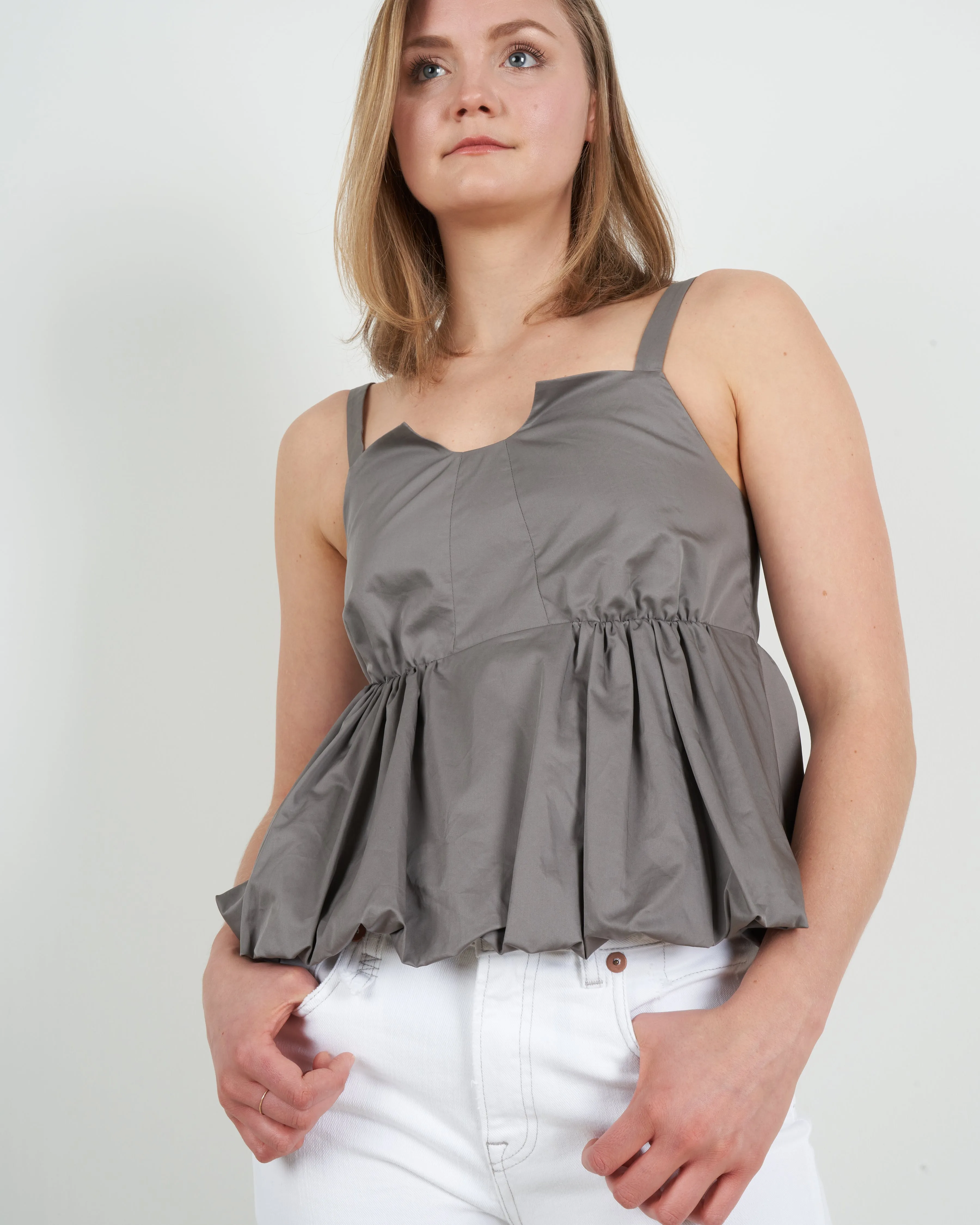 eco poplin strappy balloon peplum top - mink grey