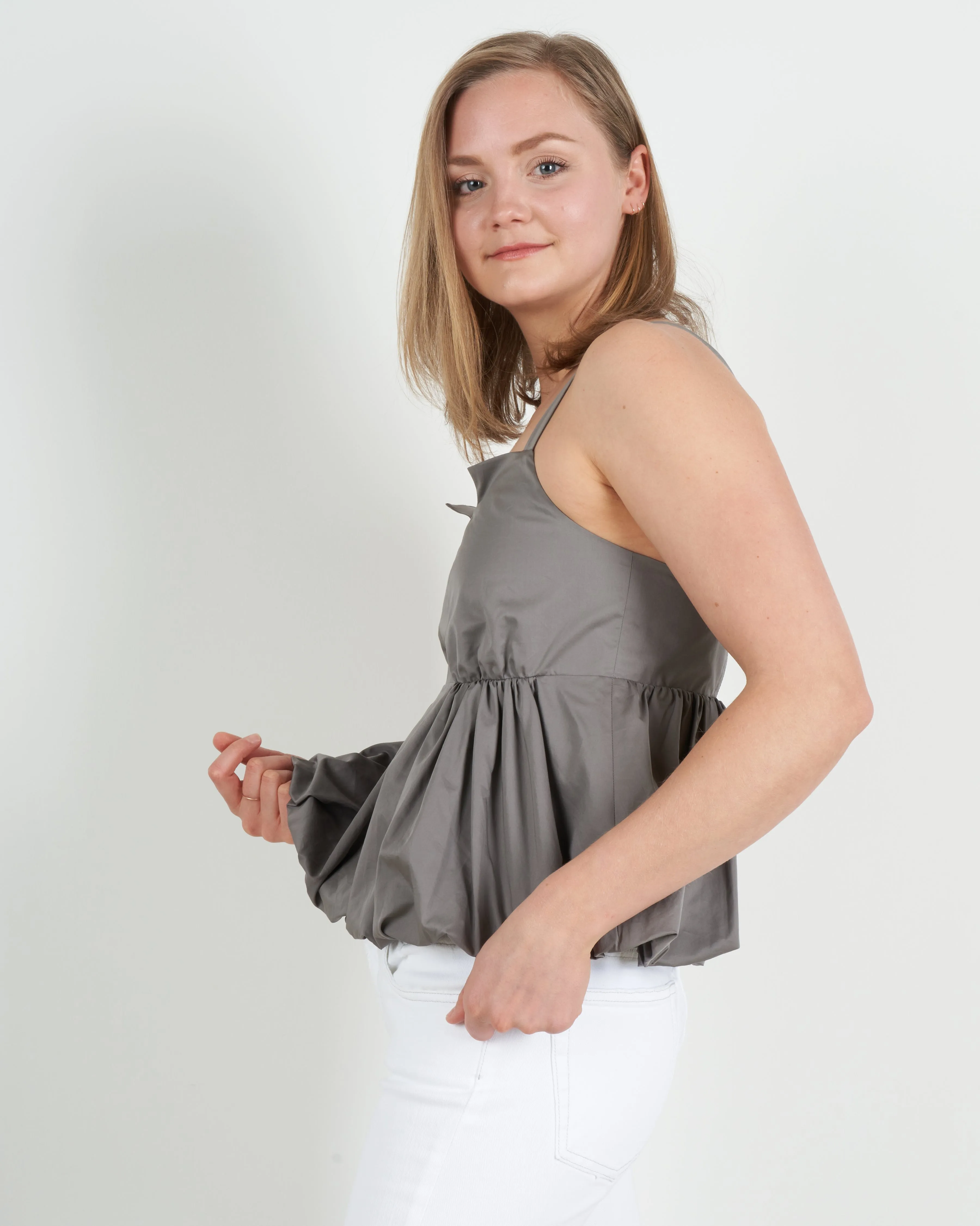 eco poplin strappy balloon peplum top - mink grey