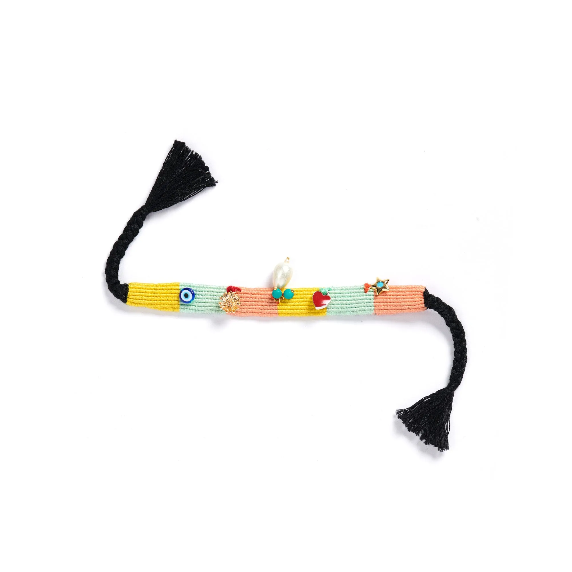 Embroidered Woven Bracelet - Yellow, Green   Salmon