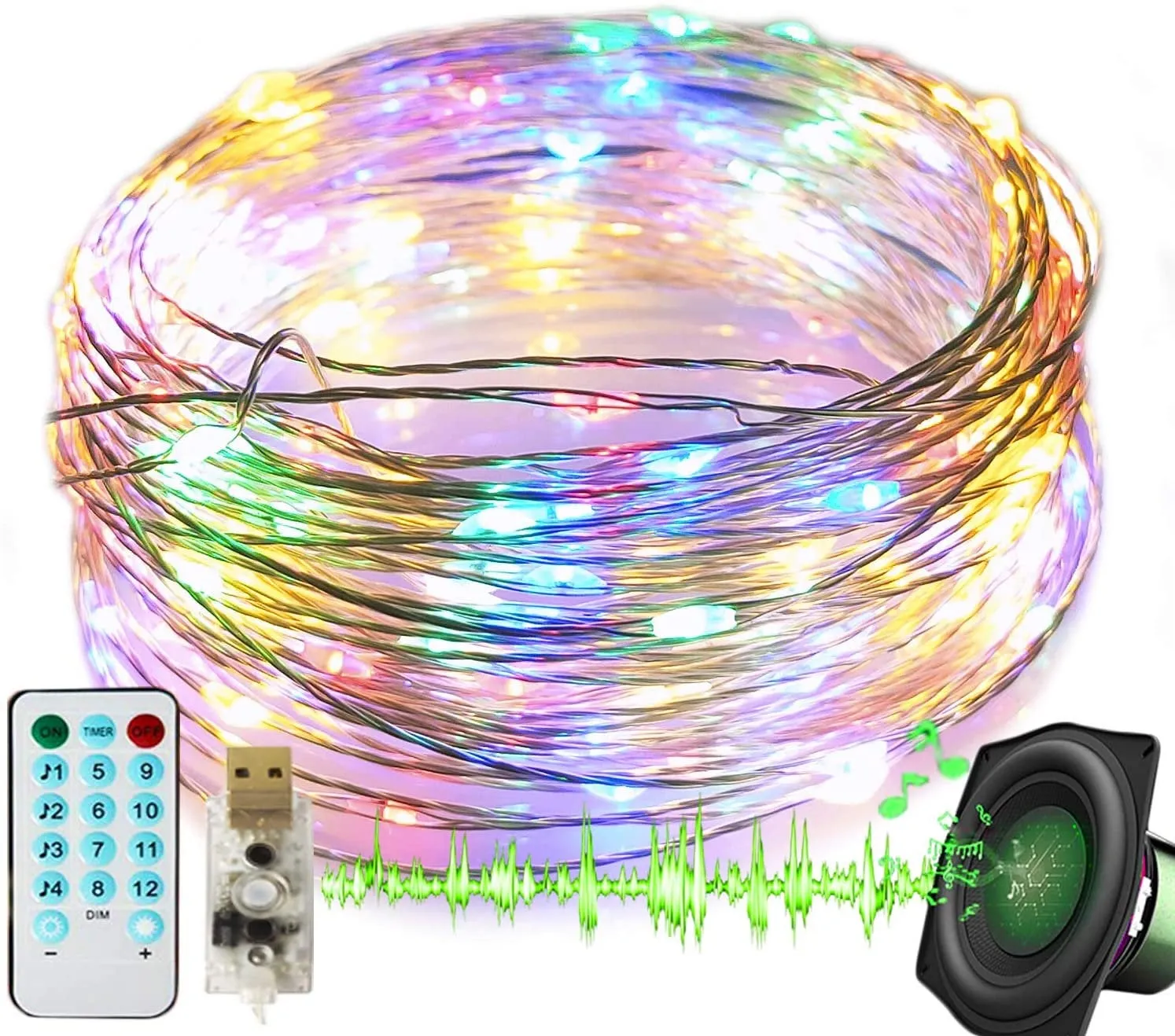 Fairy Lights USB Powered 33 FT 100 LED 8 Modes with Remote Control Sound Activated Waterproof Indoor Outdoor Multicolor 2 Pack Music Sync