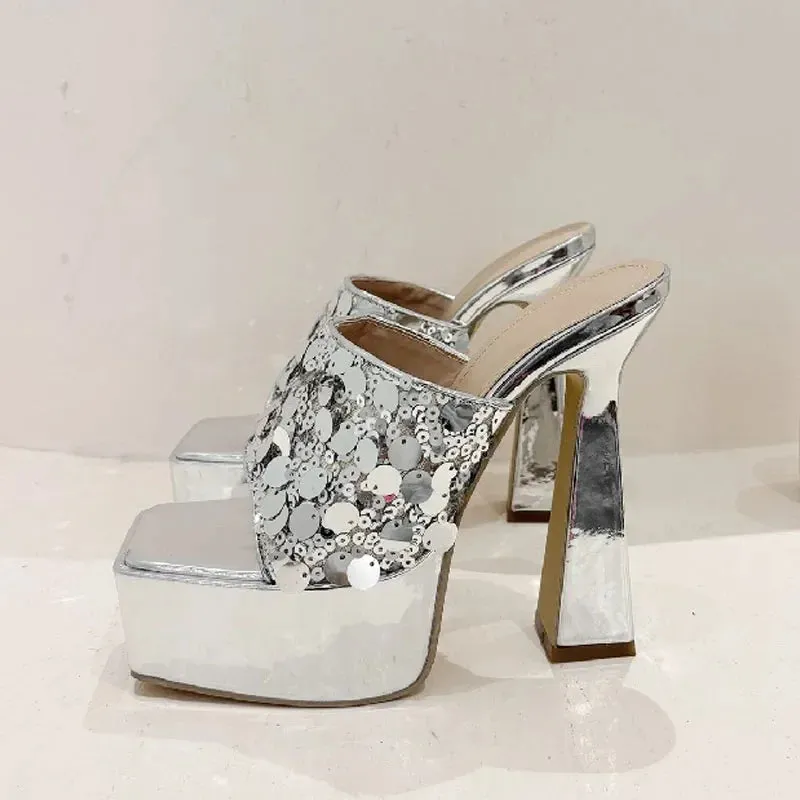 Fashion Silver Sequin Cloth Open Toe Woman Slippers Platform High Heels Sandals