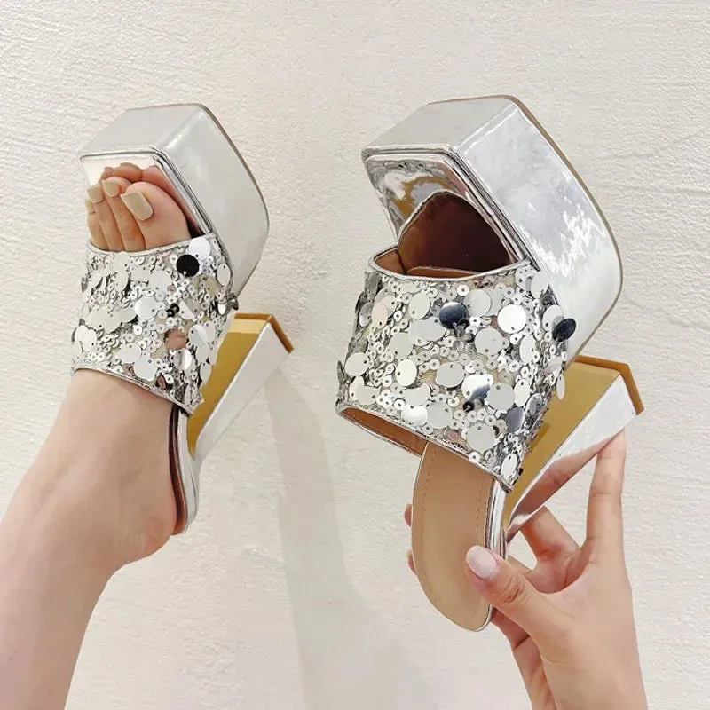 Fashion Silver Sequin Cloth Open Toe Woman Slippers Platform High Heels Sandals