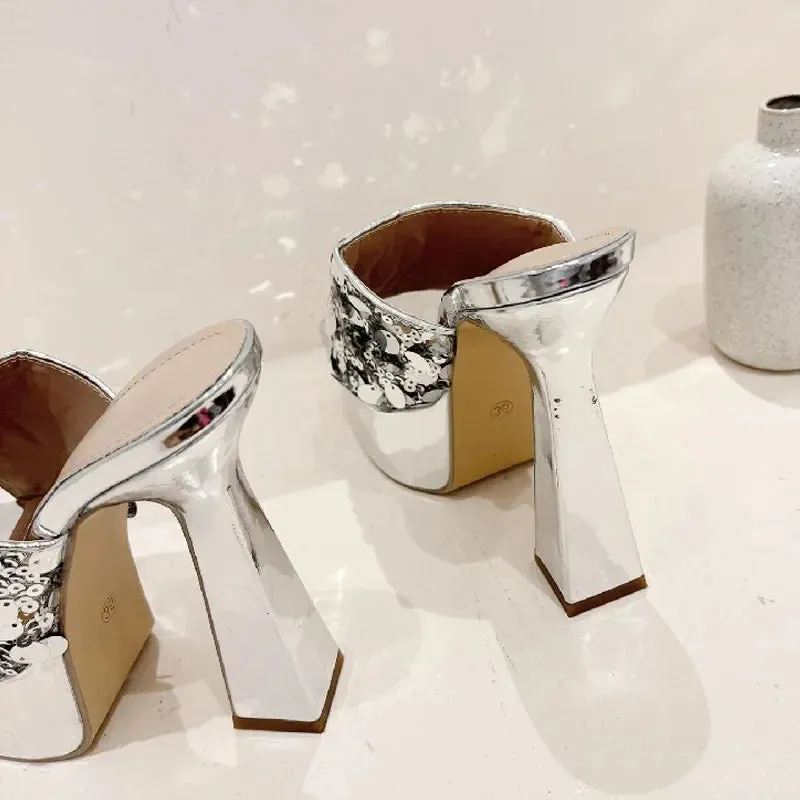 Fashion Silver Sequin Cloth Open Toe Woman Slippers Platform High Heels Sandals