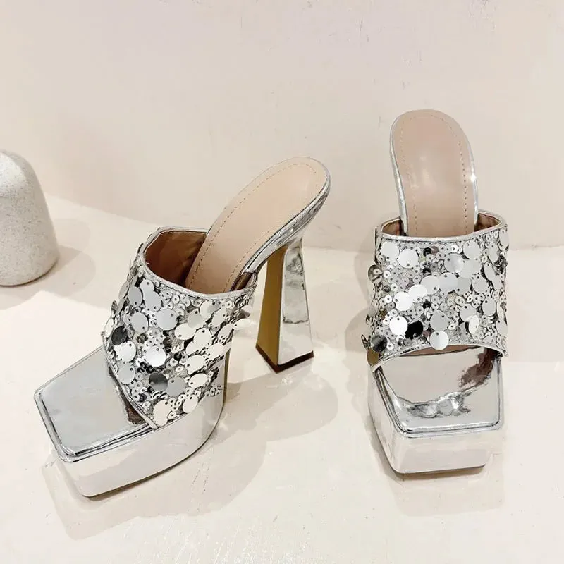 Fashion Silver Sequin Cloth Open Toe Woman Slippers Platform High Heels Sandals