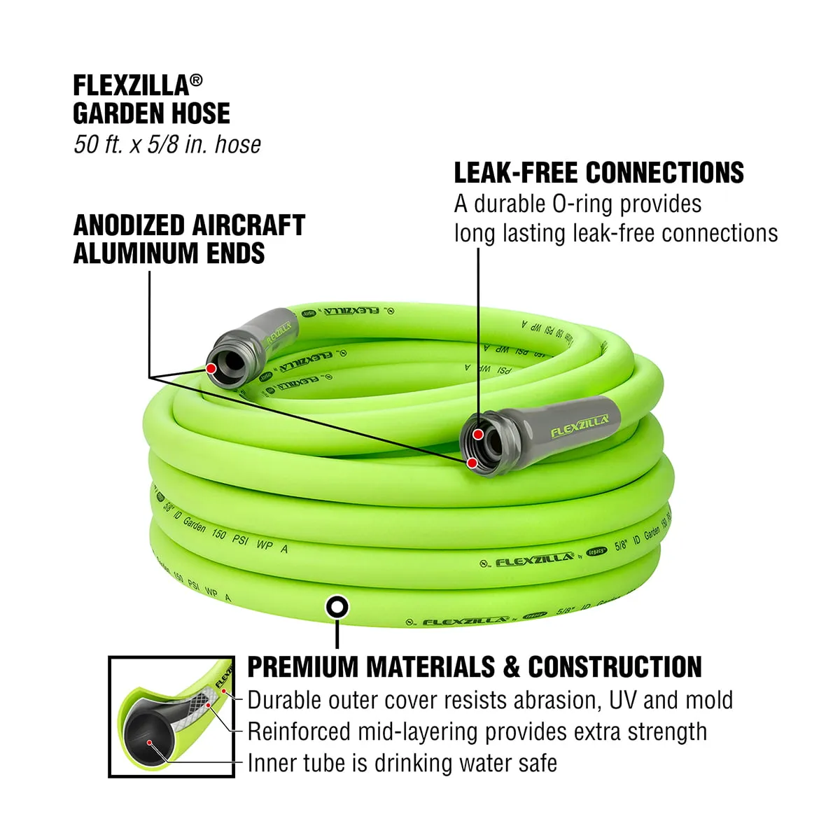 Flexzilla Garden Hose, 5/8" x 50' Flexible Hybrid Polymer Drinking Water Safe