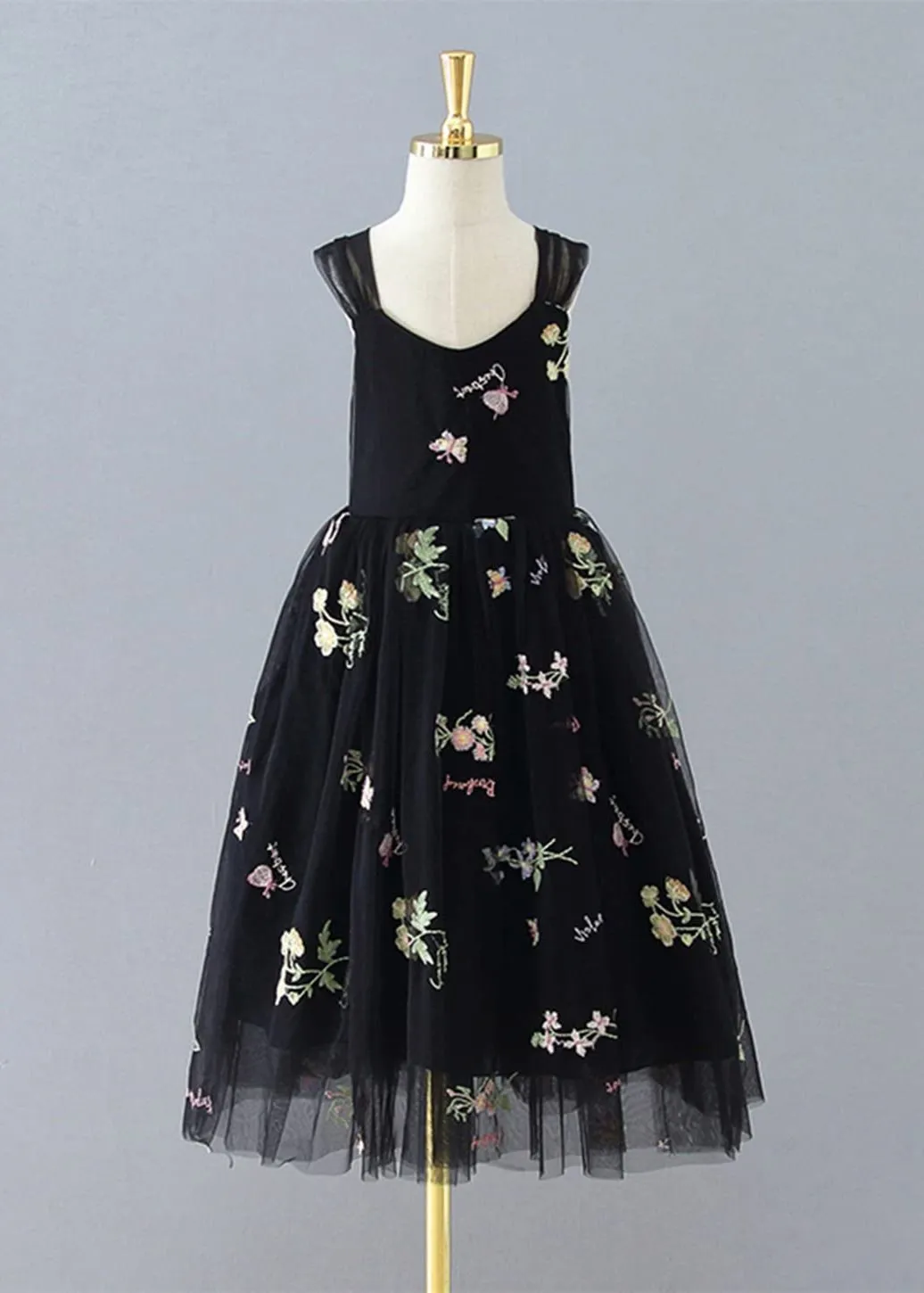 Floral Embroidered Tulle Strap Girl Dress in Black