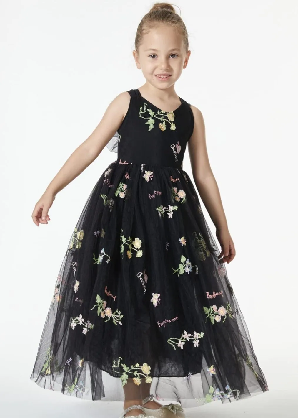 Floral Embroidered Tulle Strap Girl Dress in Black