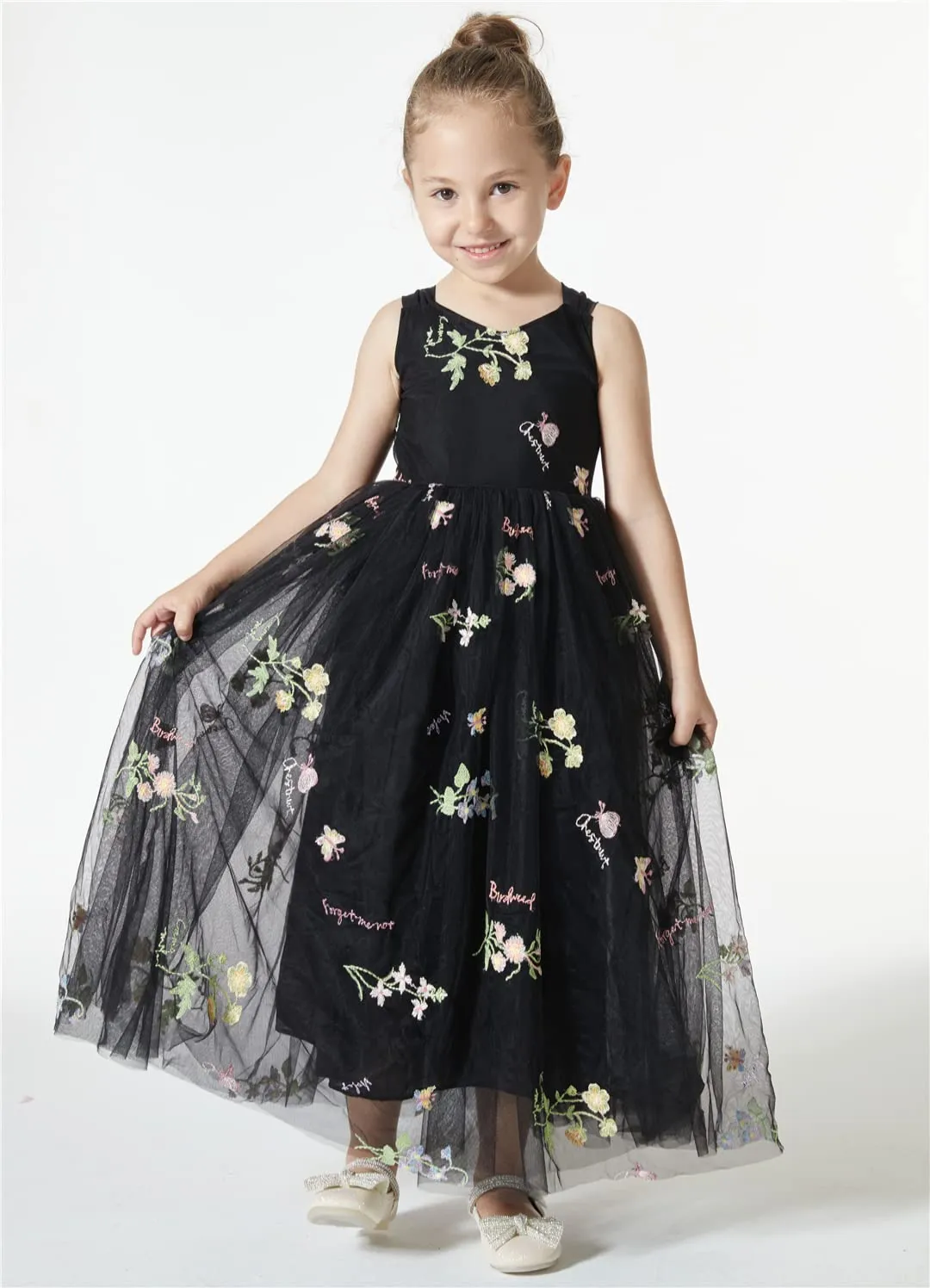Floral Embroidered Tulle Strap Girl Dress in Black