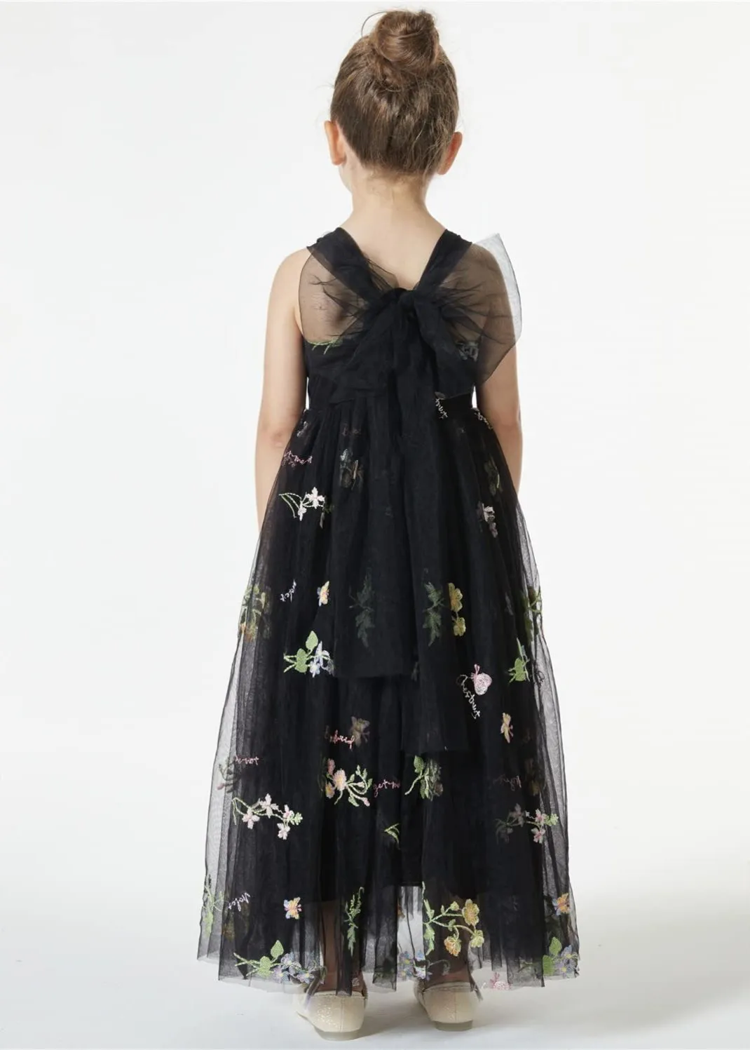 Floral Embroidered Tulle Strap Girl Dress in Black